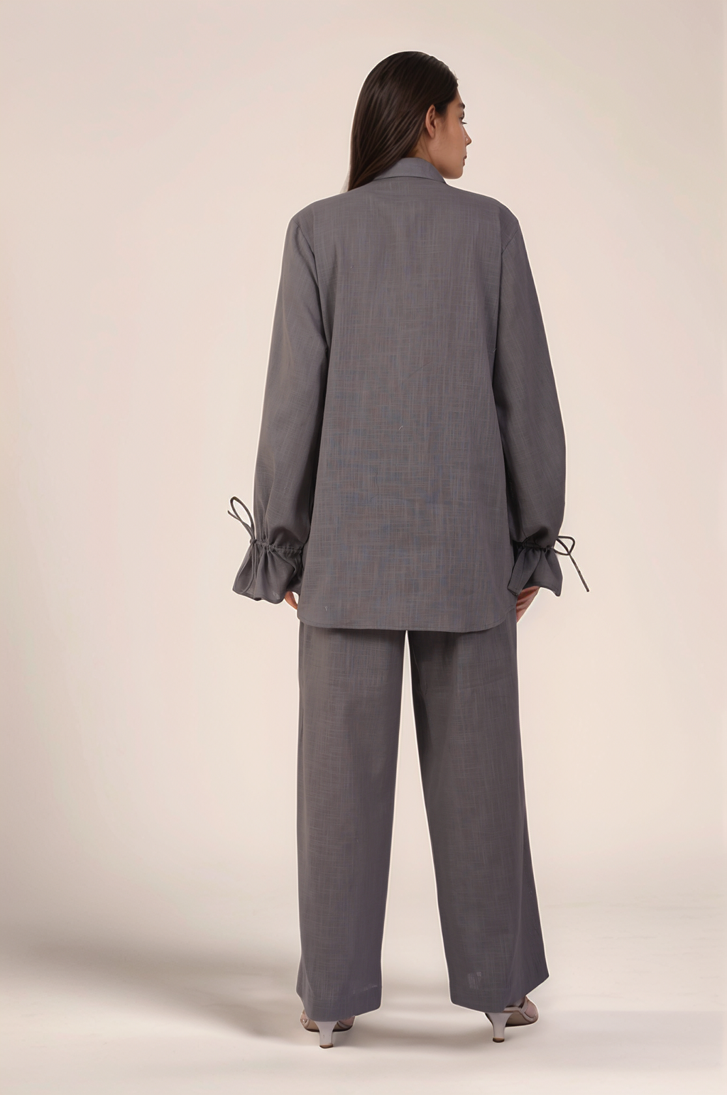Grey Drawstring Sleeve Cotton Co-ord suit