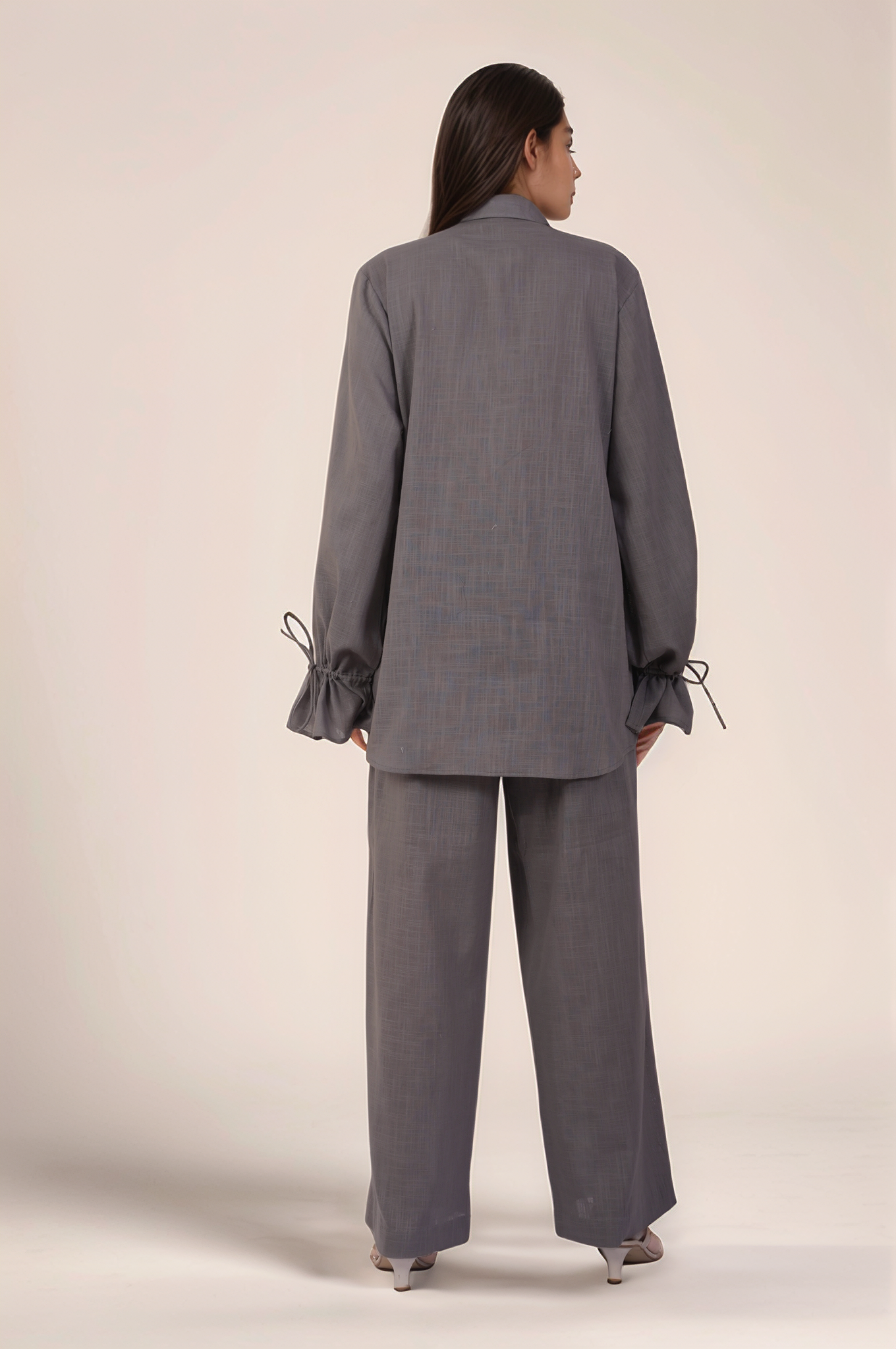 Grey Drawstring Sleeve Cotton Co-ord suit