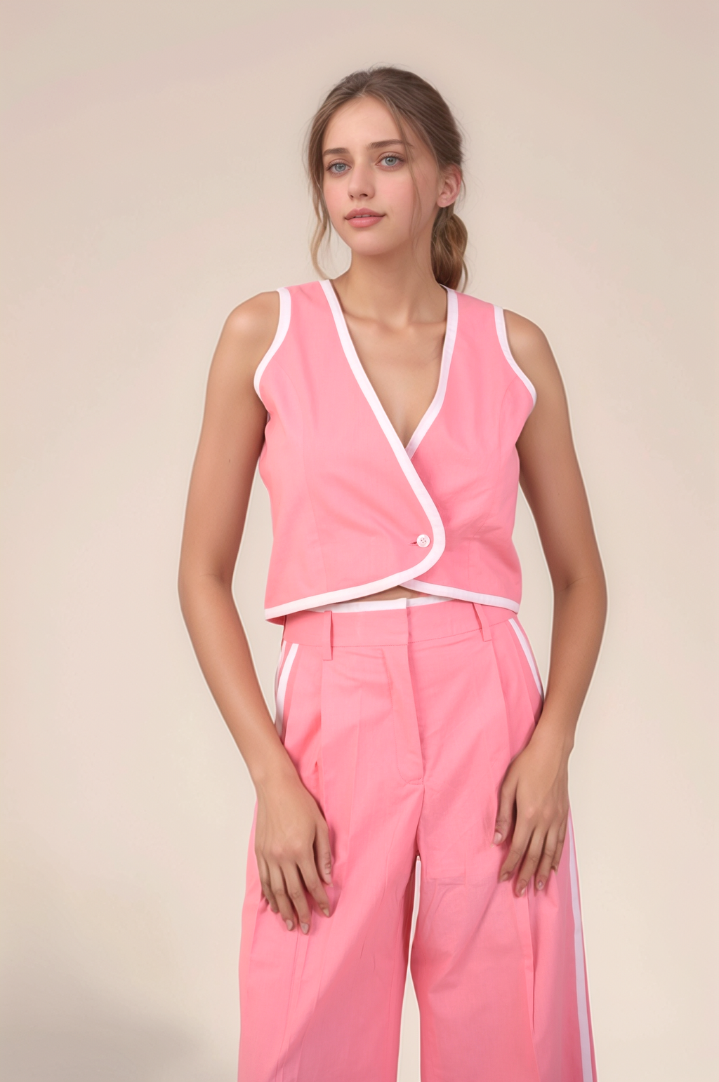 Pink Piping Cotton Waistcoat Co-ord Suit