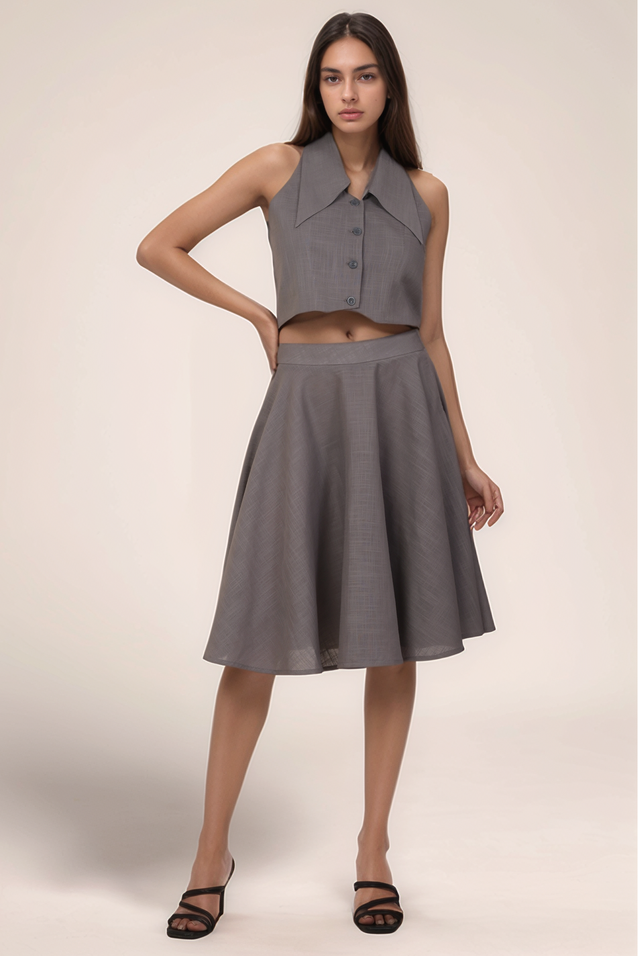 Grey Cotton Long Collar co-ord suit