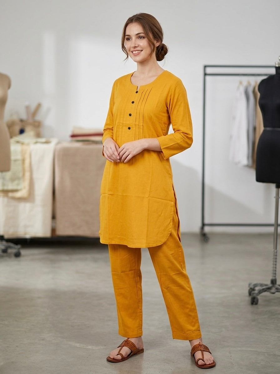 Ochre Yellow Round Neck Co-ord Set