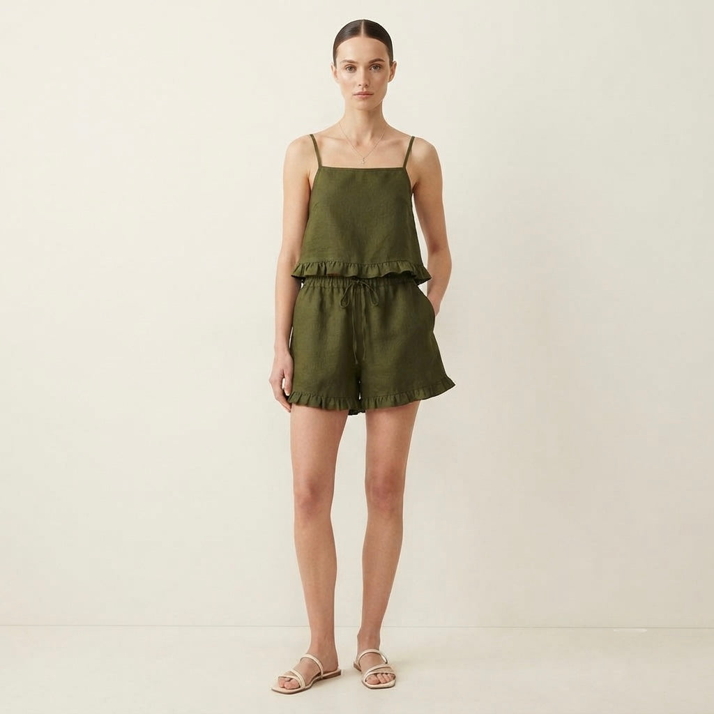 Olive Green ruffled Night Suit