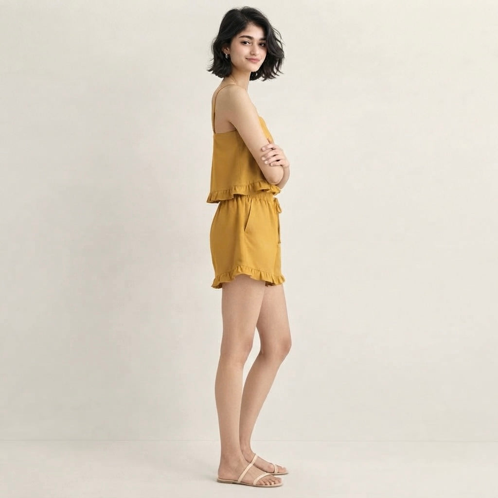 Mustard-Yellow ruffled Night Suit