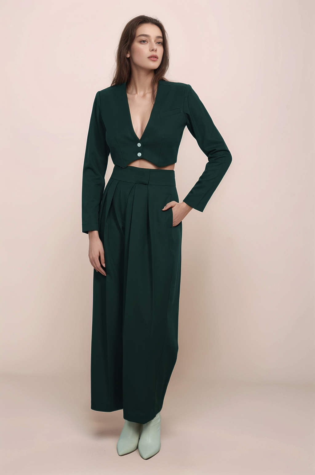 Dark Green Crop Jacket Co-ord suit