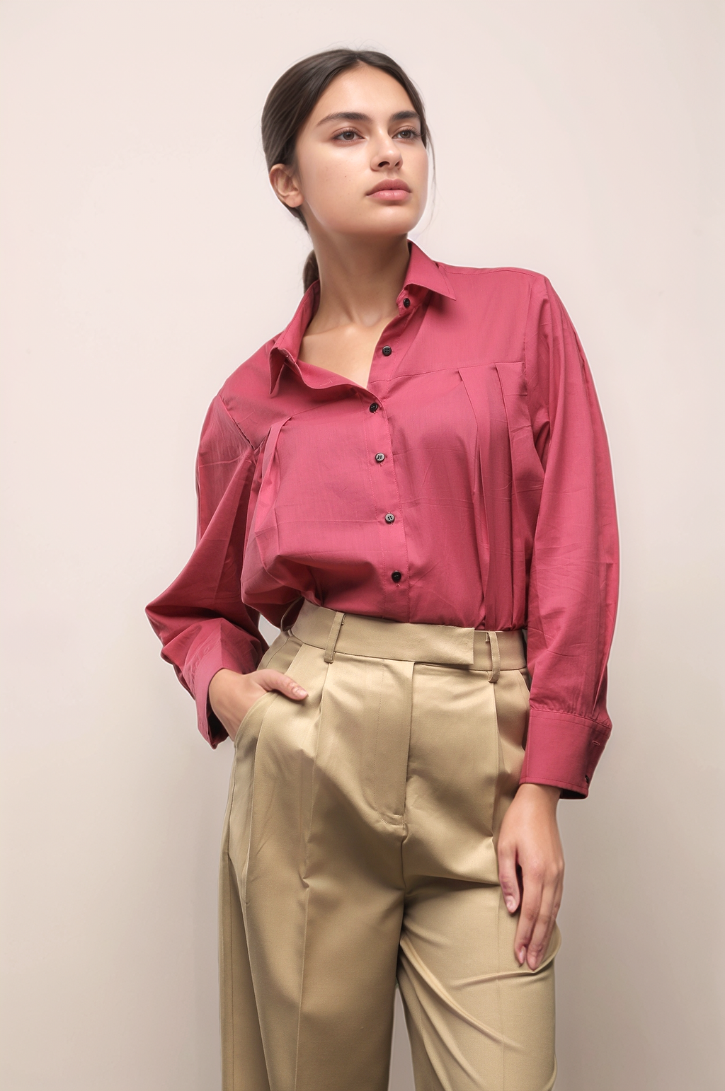 Pink Loose Front Pleated Shirt