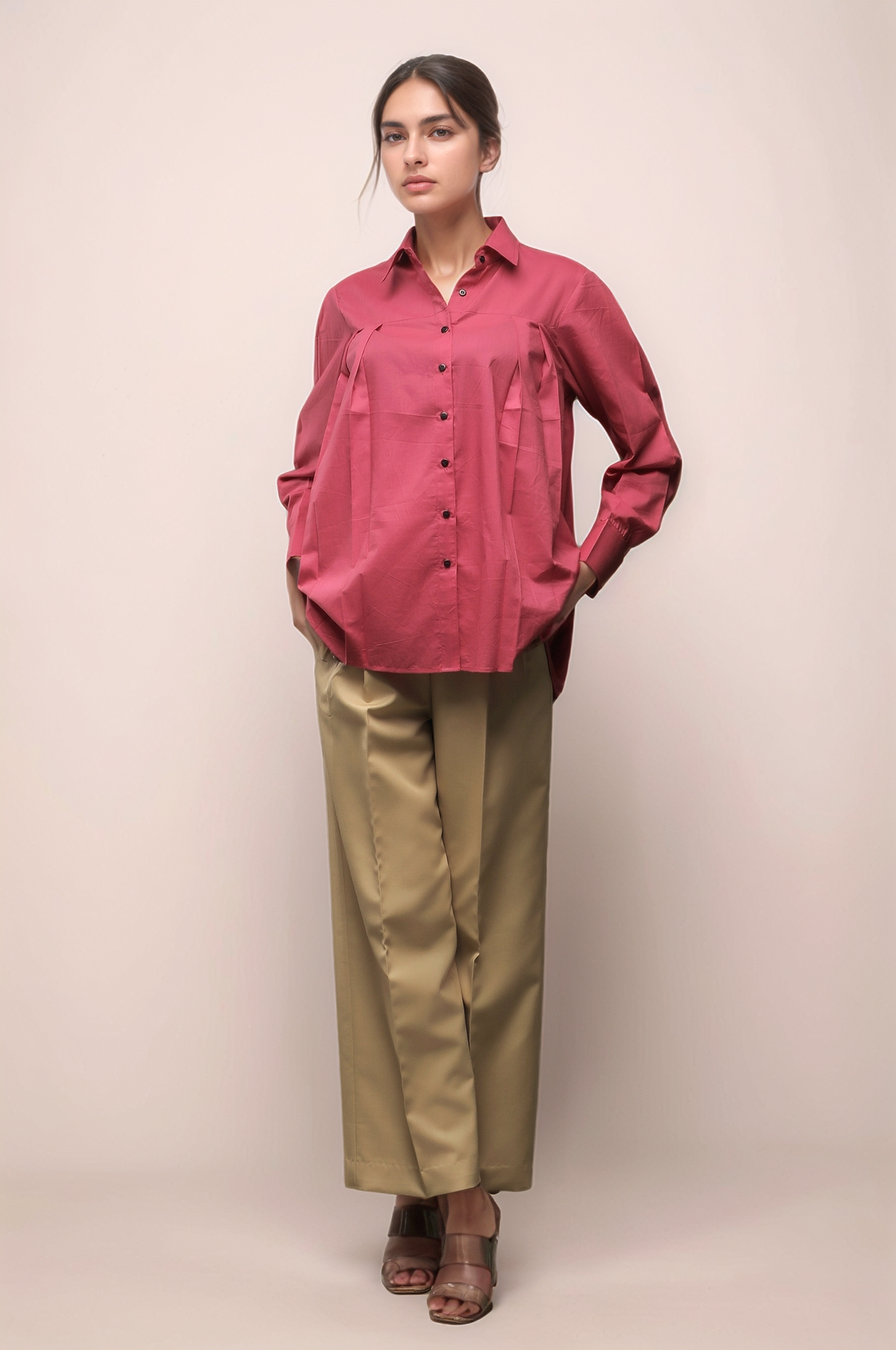 Pink Loose Front Pleated Shirt