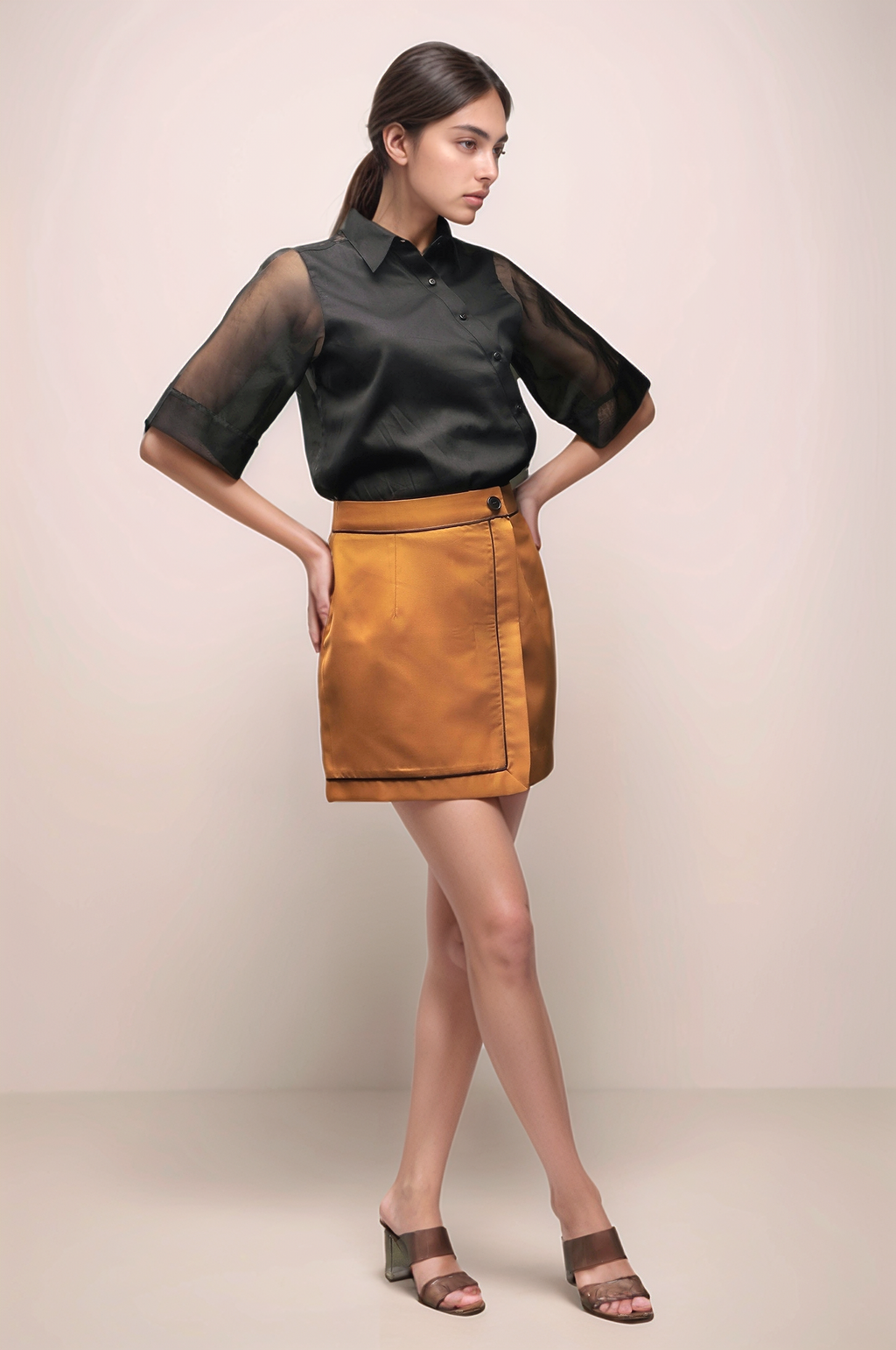 Black Organza Cross Placket  Women Shirt