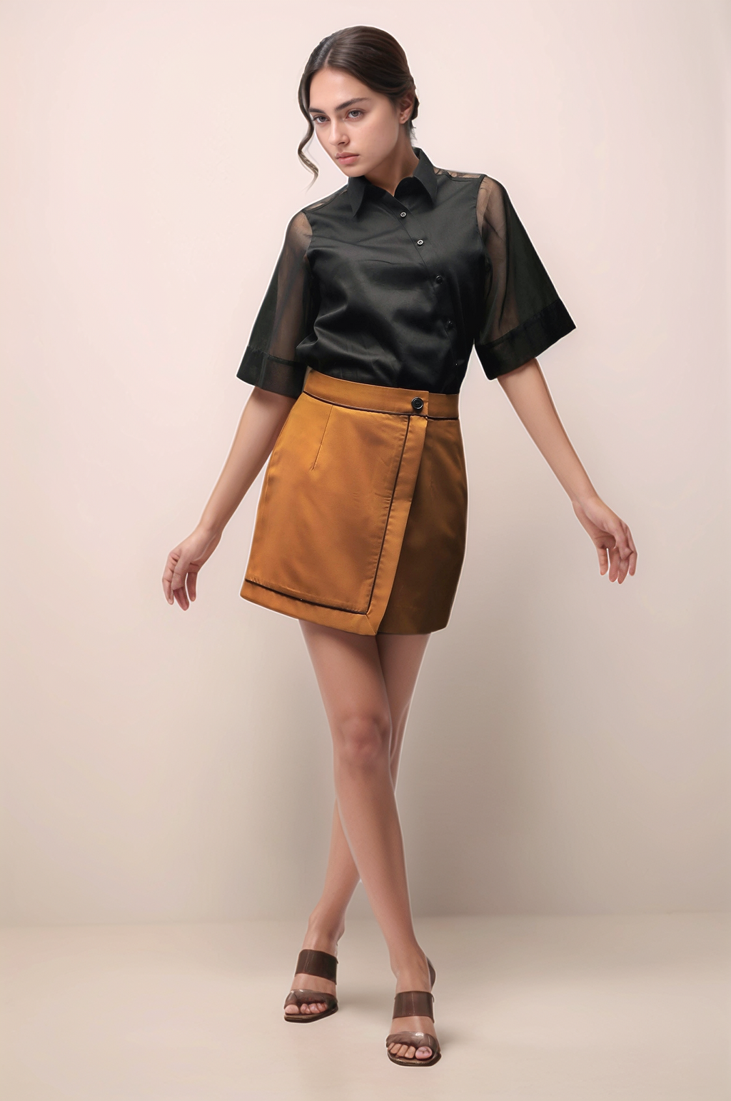 Black Organza Cross Placket  Women Shirt