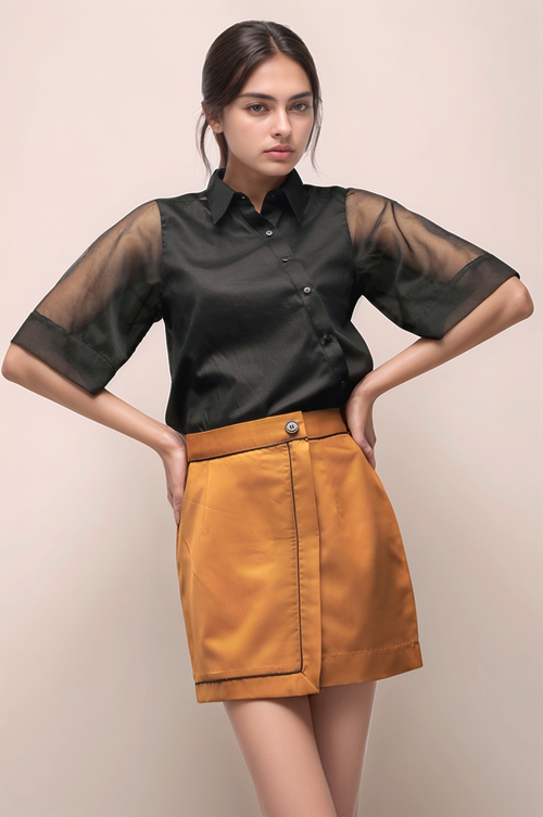 Black Organza Cross Placket  Women Shirt
