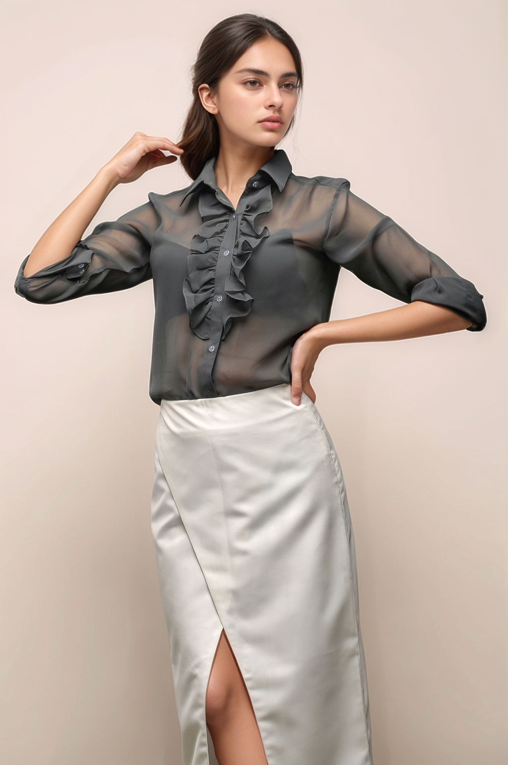 Grey Ruffle Neck Shirt