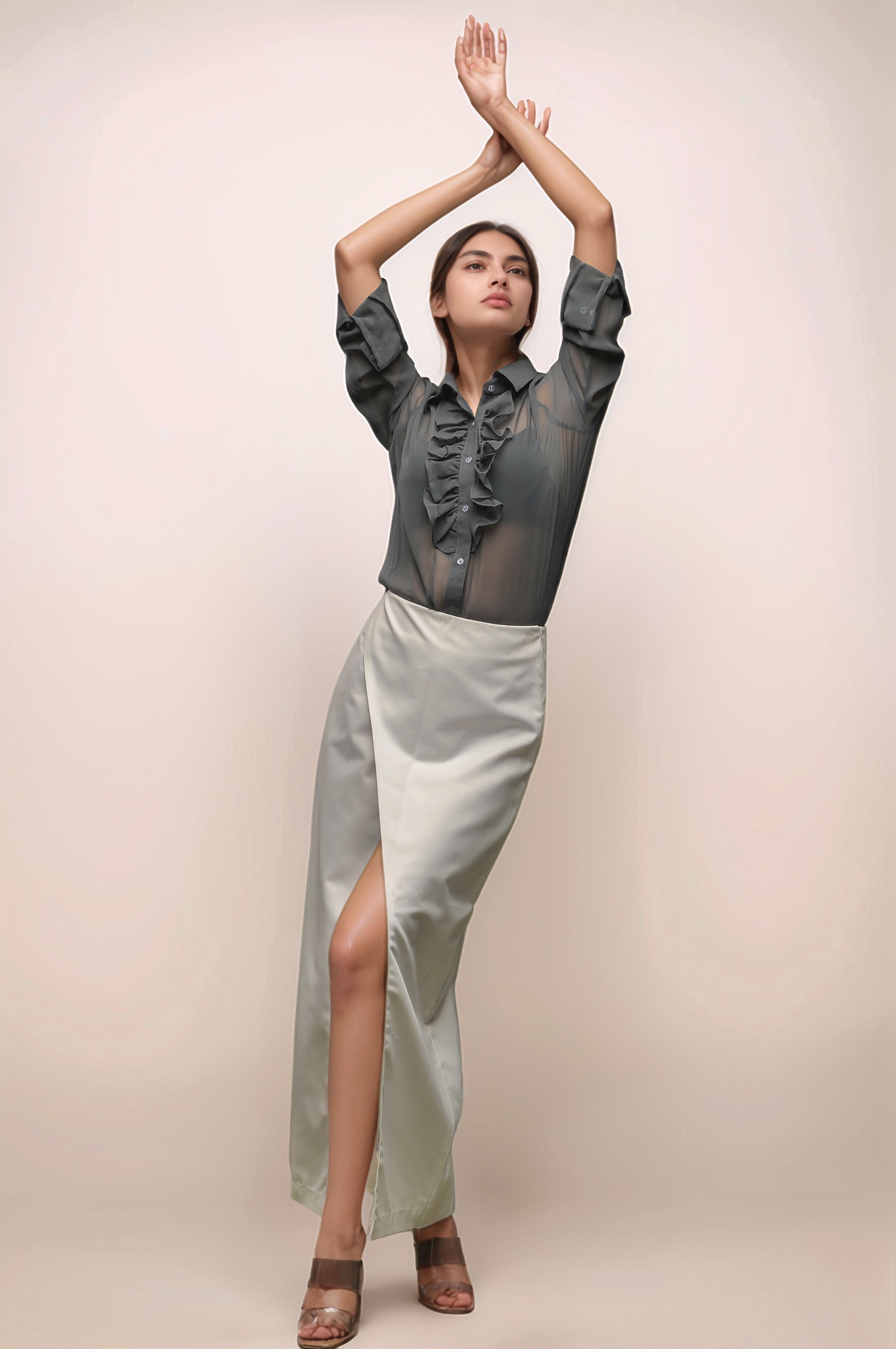 Grey Ruffle Neck Shirt