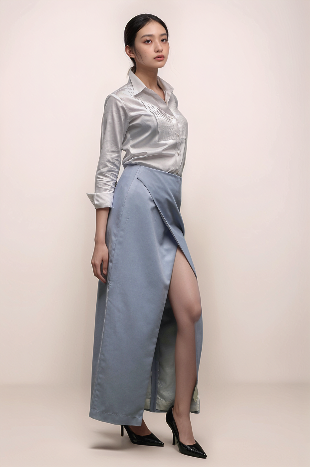 Light Blue Long Overlapped Skirt