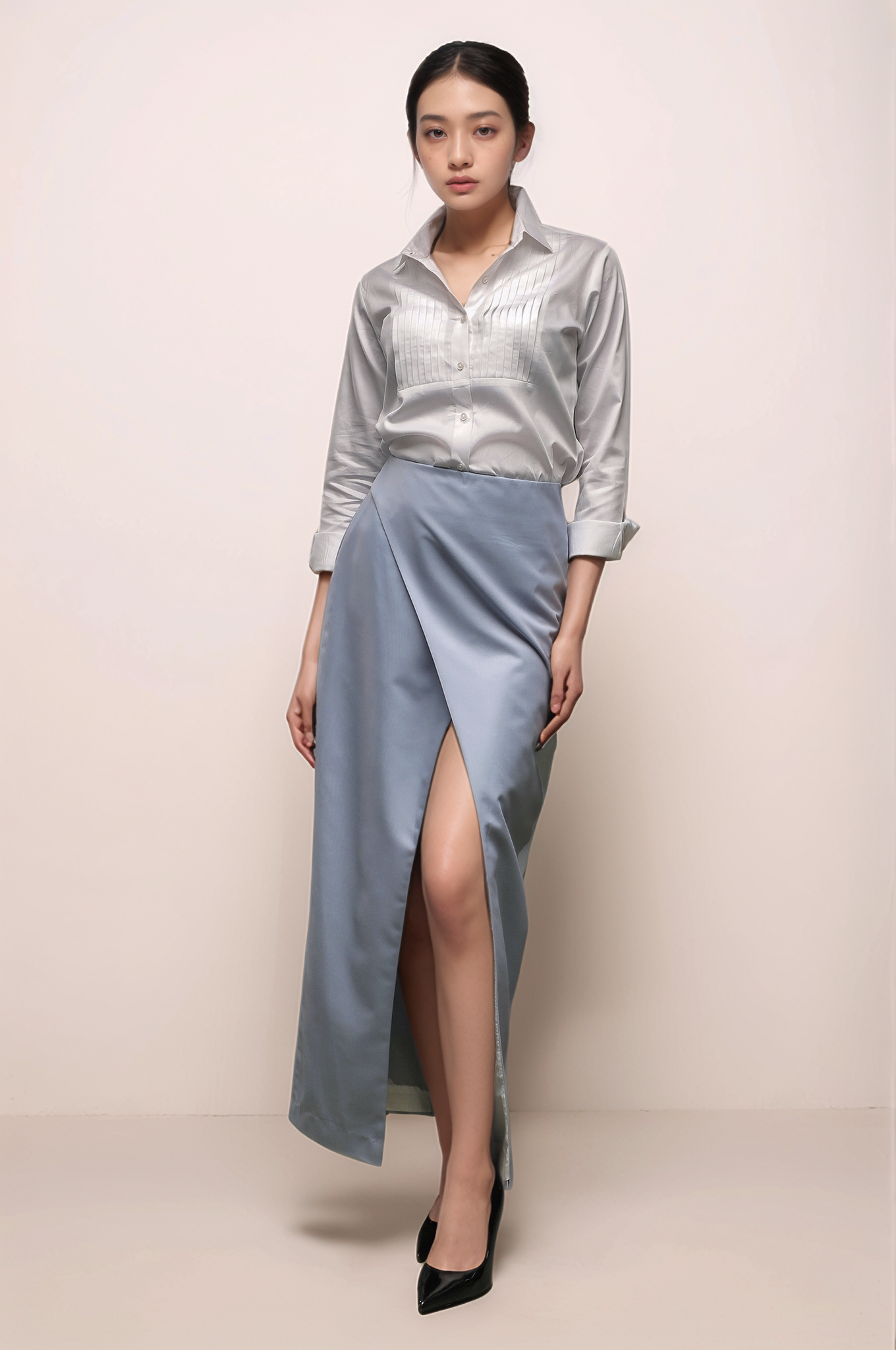 Light Blue Long Overlapped Skirt