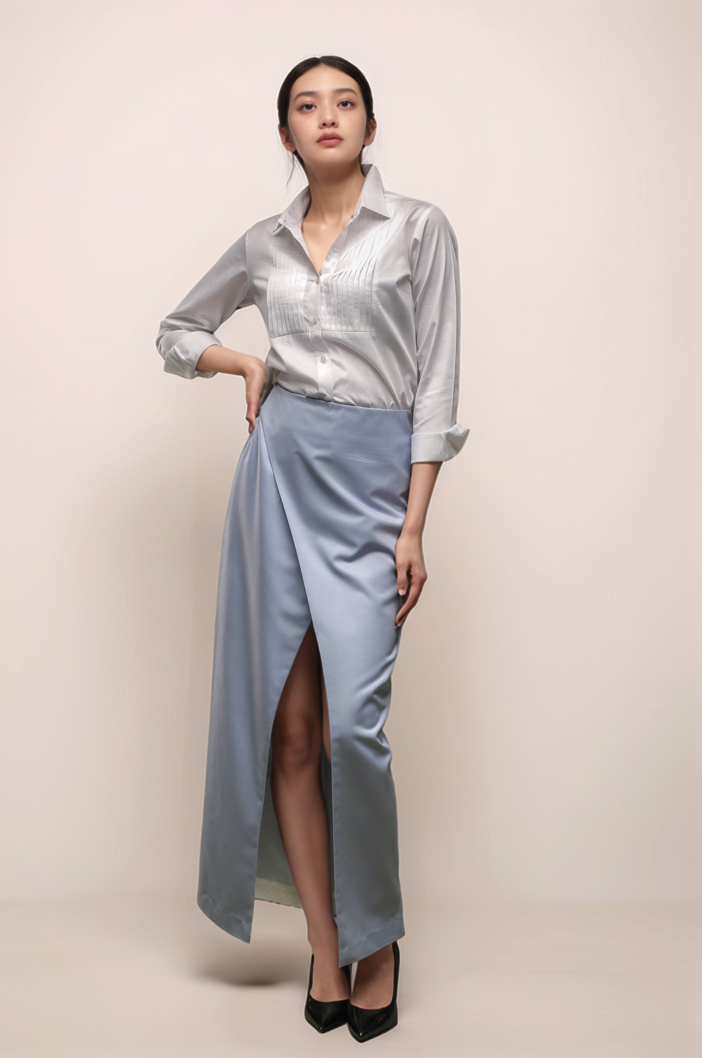 Light Blue Long Overlapped Skirt