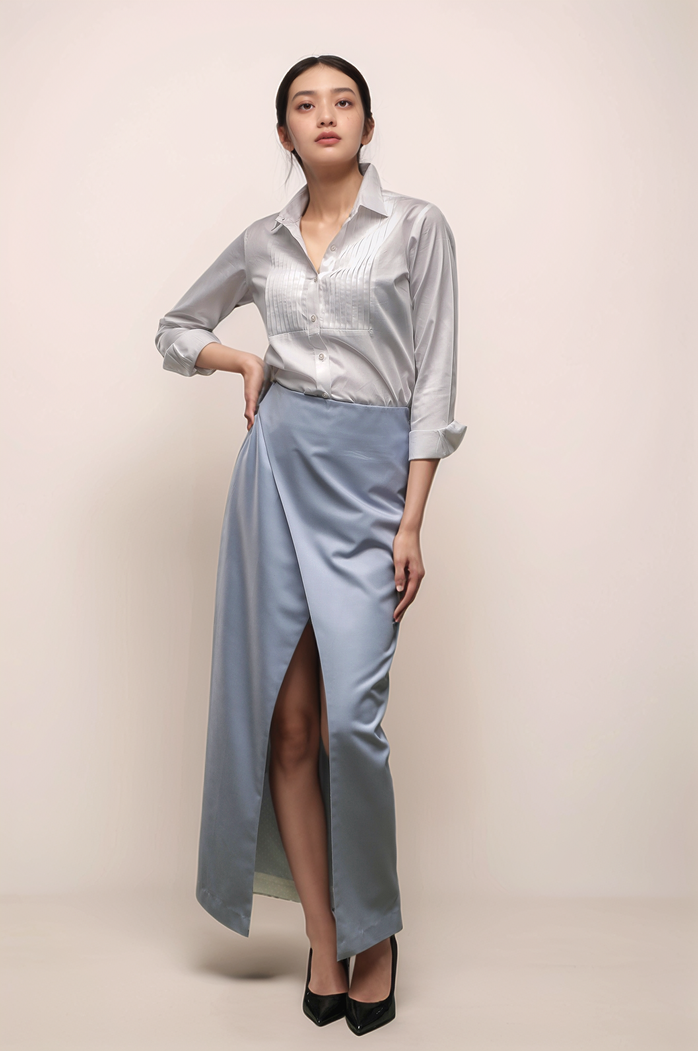 Light Blue Long Overlapped Skirt