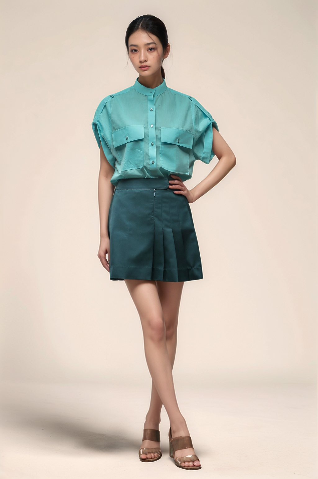Teal Blue Pleated Short Skirt