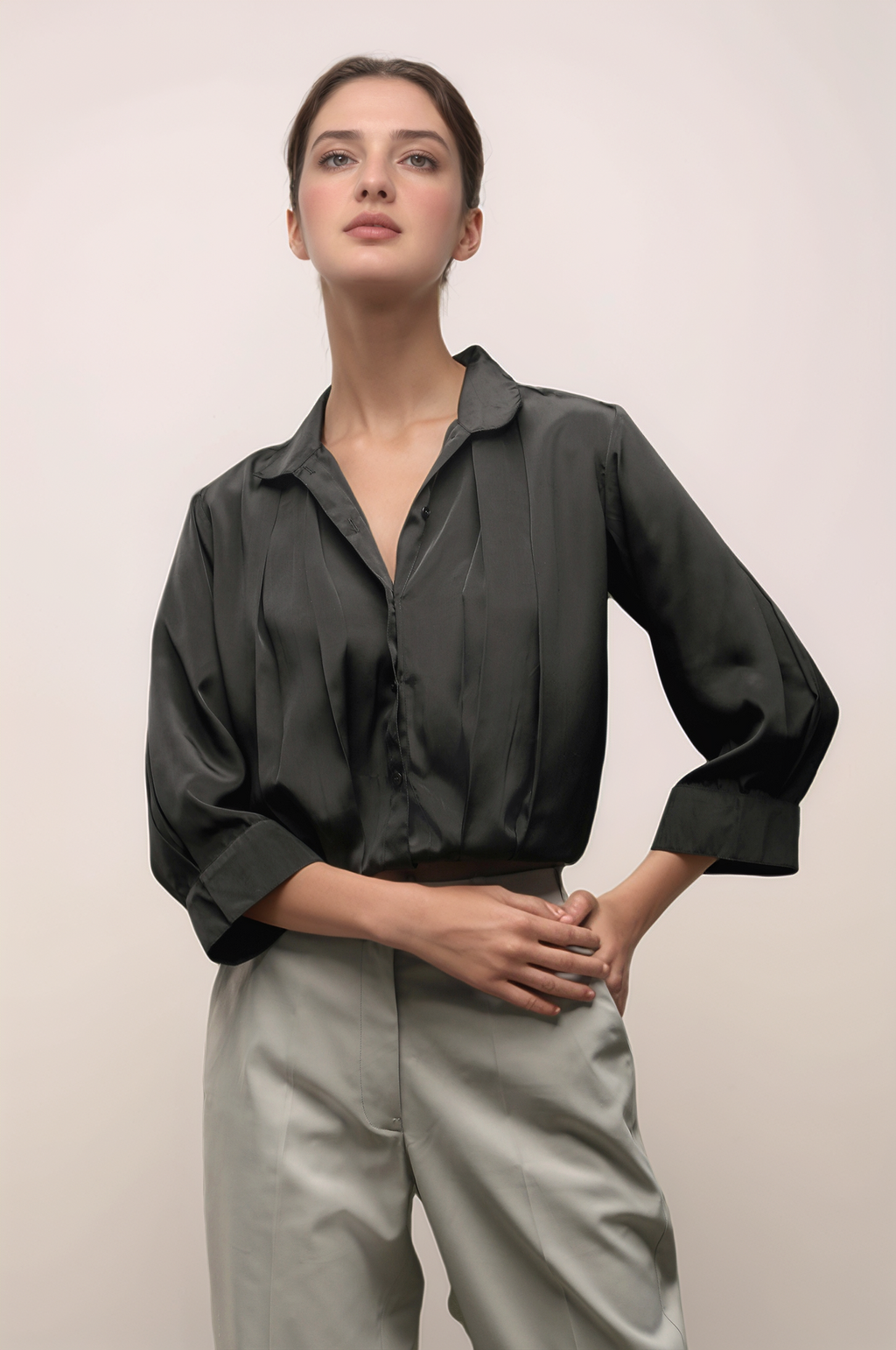 Black Crepe Pleated Shirt