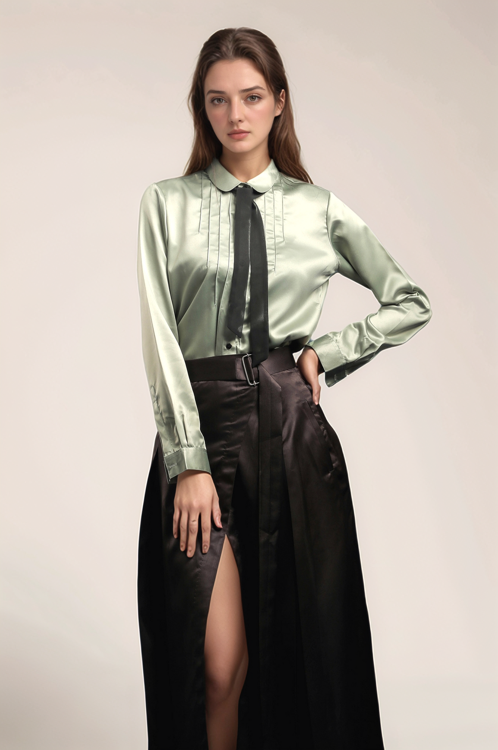 Black Satin Overlapped Skirt