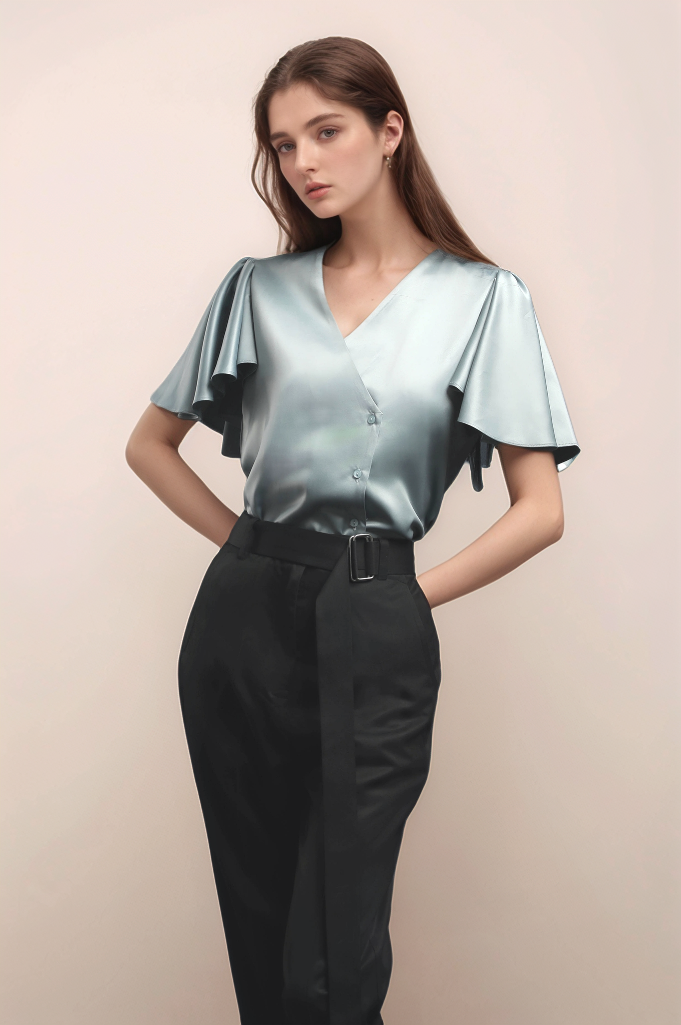Blue Overlapped Satin Shirt