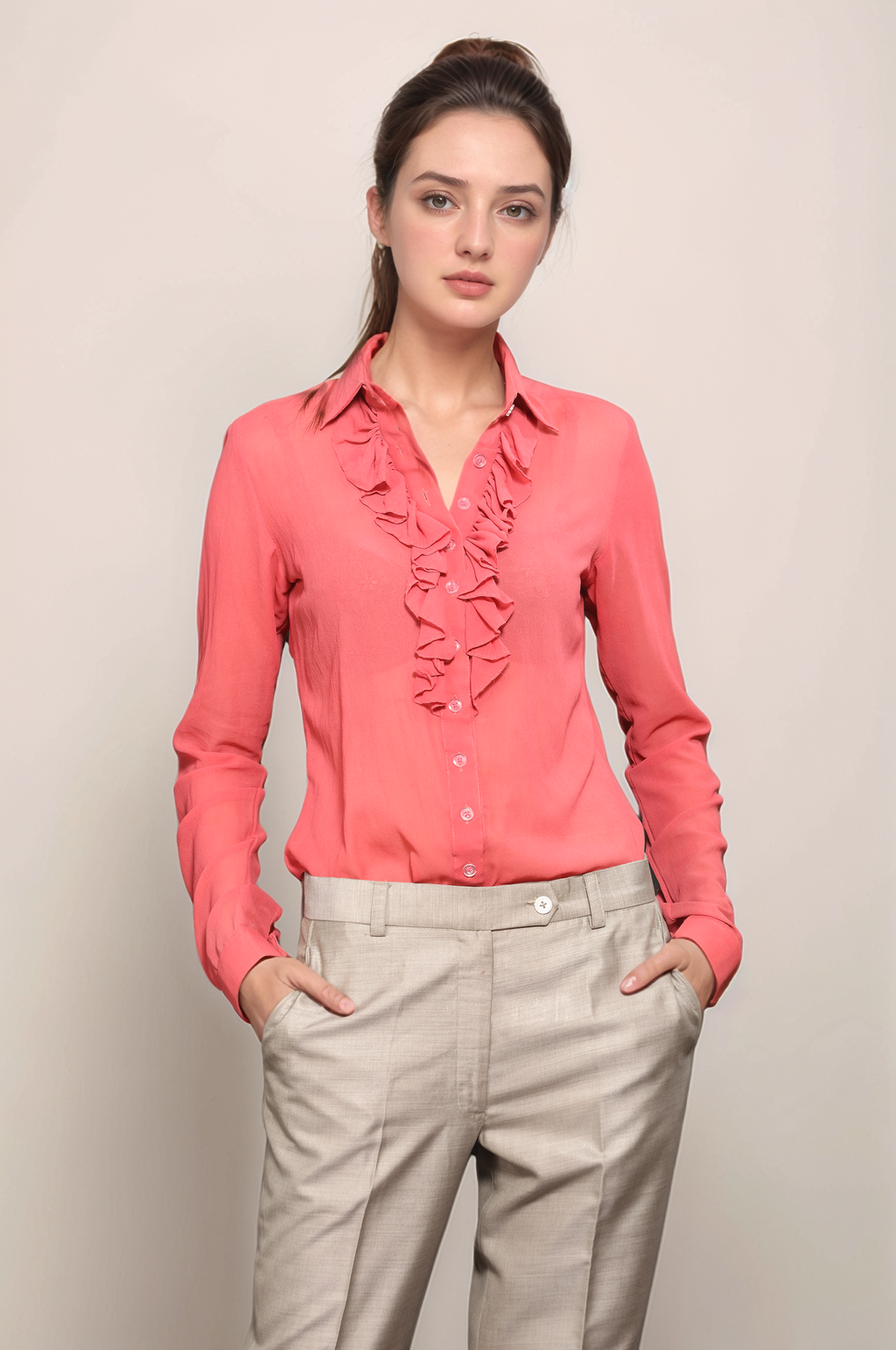 Pink Ruffle Neck Shirt