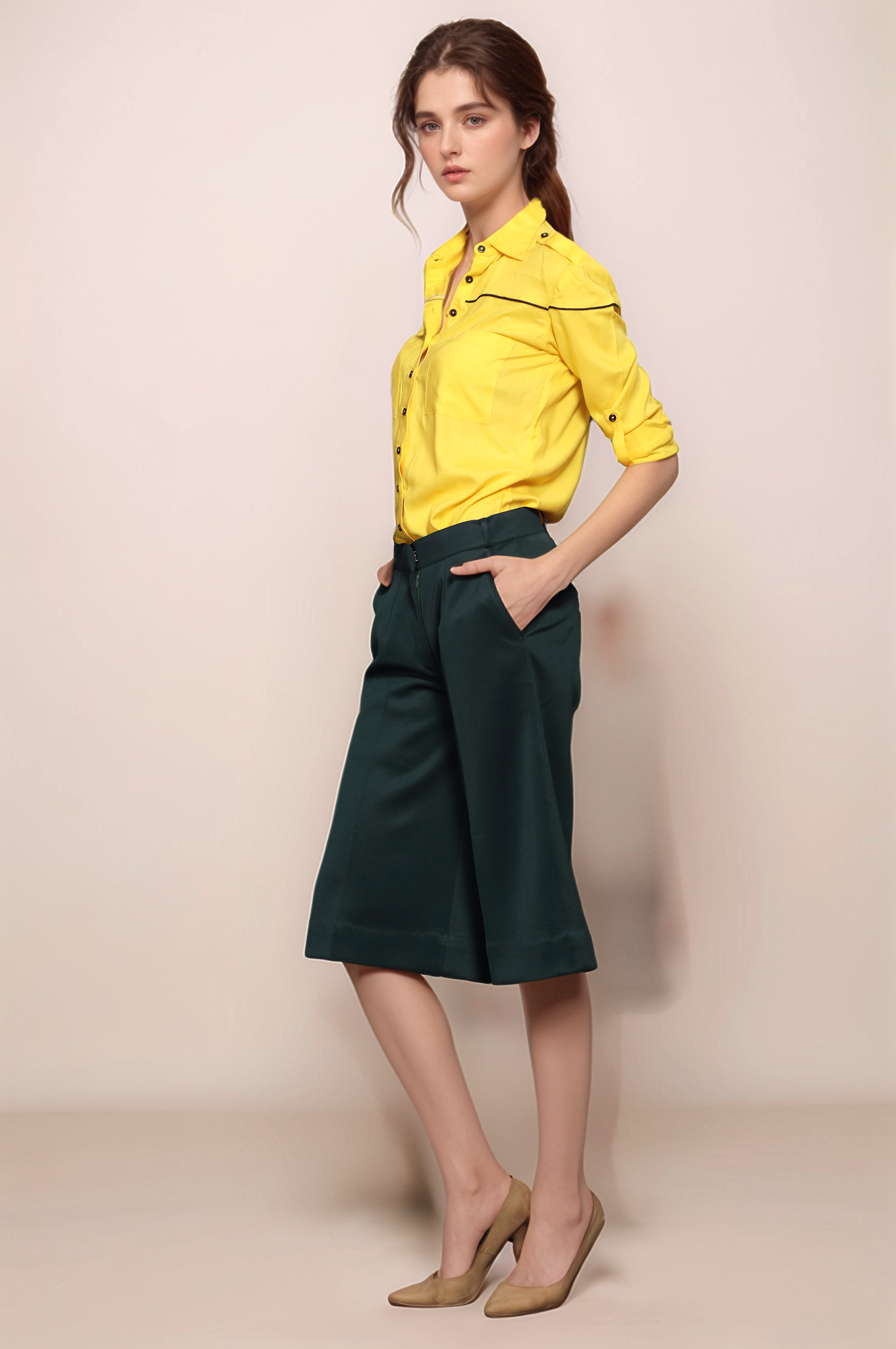 Yellow-Black Piping Women Shirt