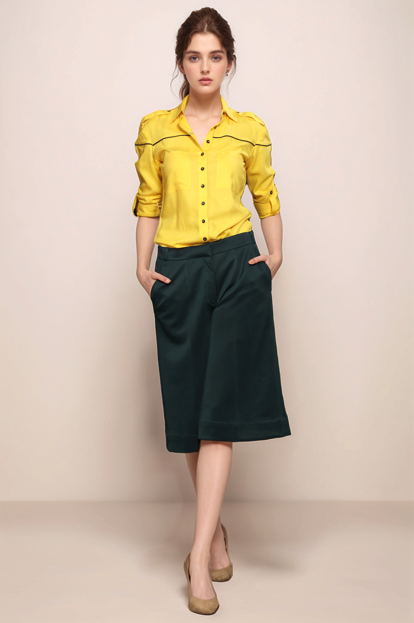 Yellow-Black Piping Women Shirt