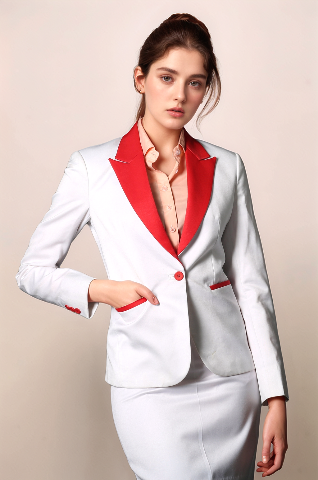 Red & White Formal Blazer & White Formal Skirt Suit