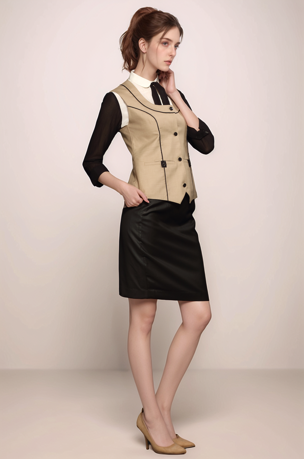 Beige-Black Piping Waistcoat