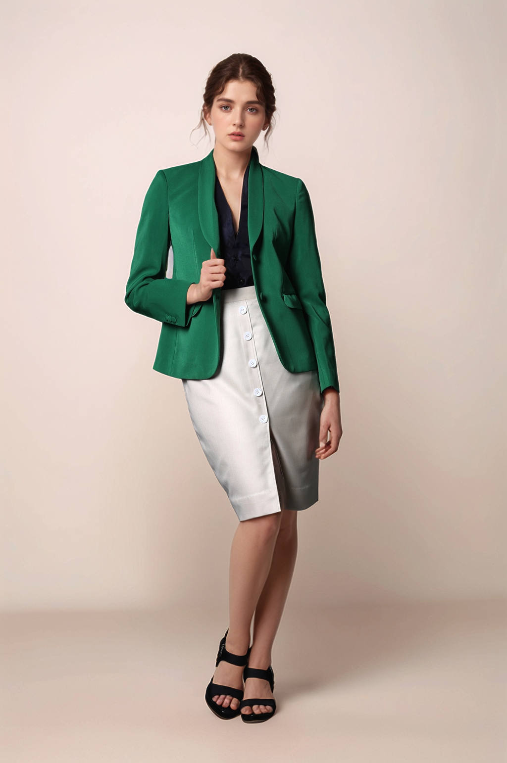 Green Shawl Collar Blazer & Beige Front Buttoned Skirt Suit