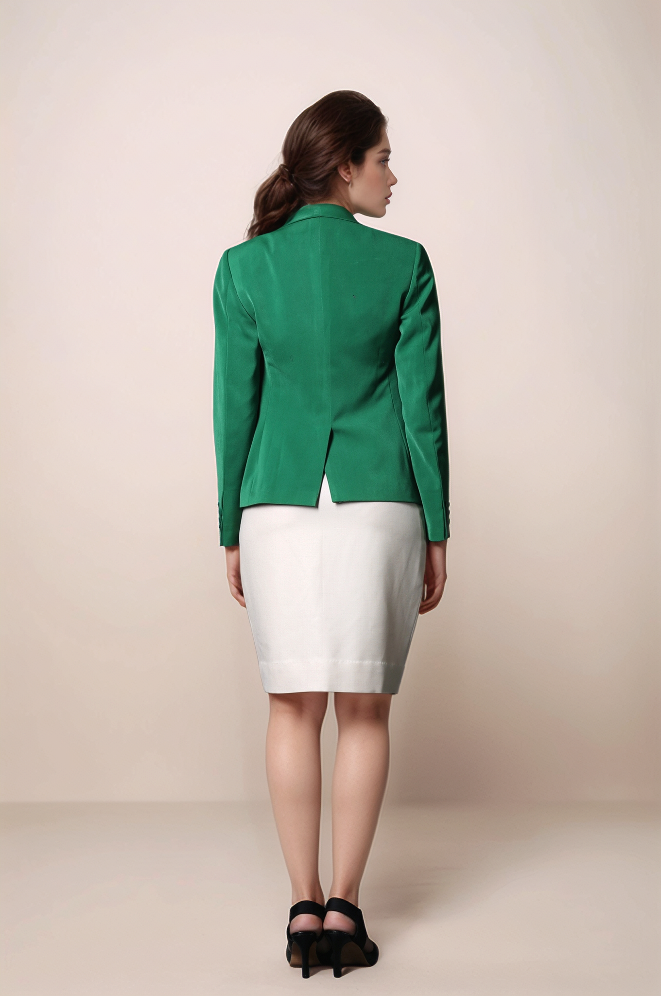 Green Shawl Collar Blazer & Beige Front Buttoned Skirt Suit