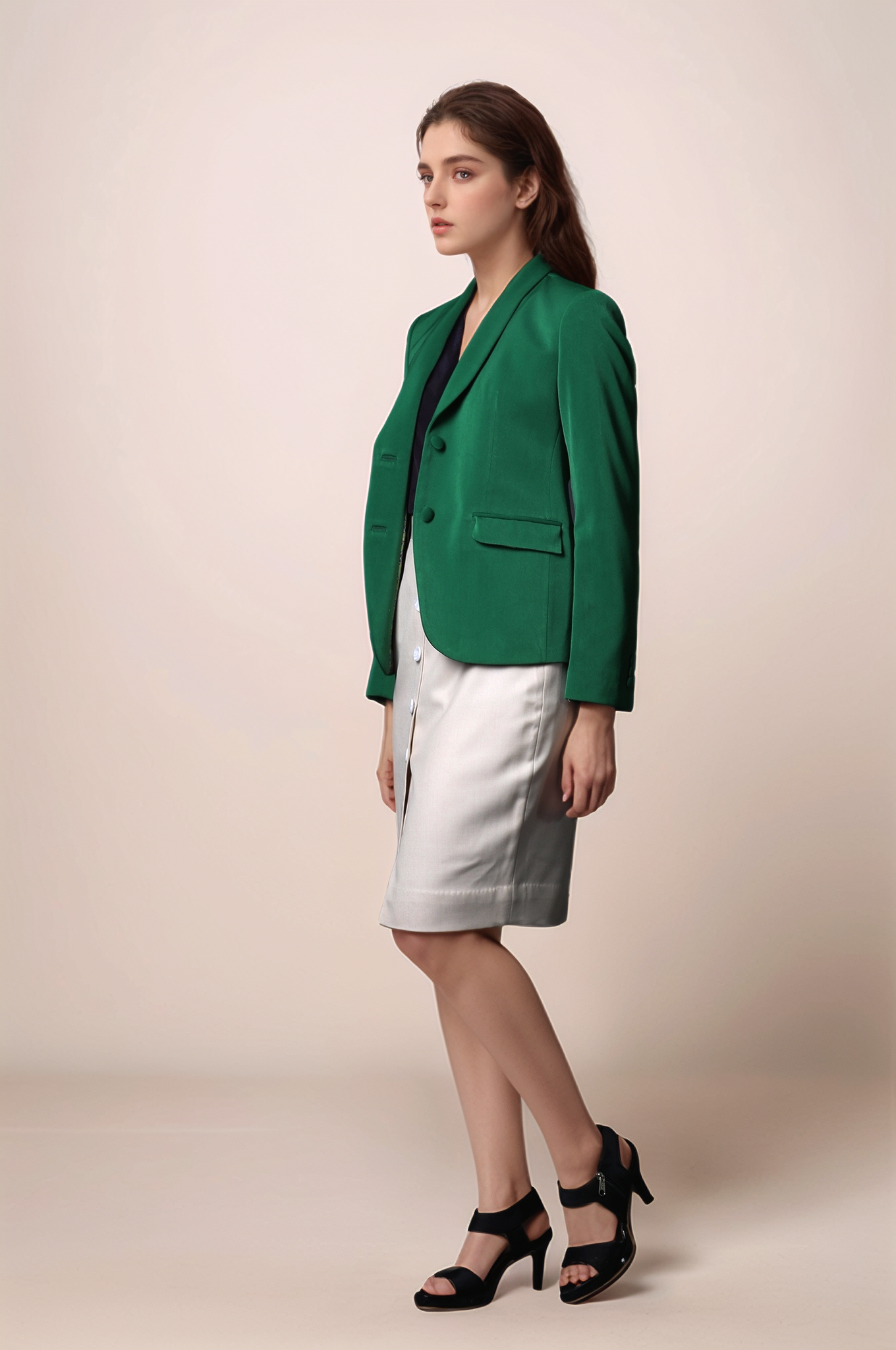 Green Shawl Collar Blazer & Beige Front Buttoned Skirt Suit