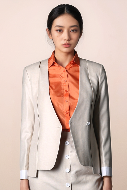 Beige V-Neck Layered Coat & Beige Front Buttoned Skirt Suit