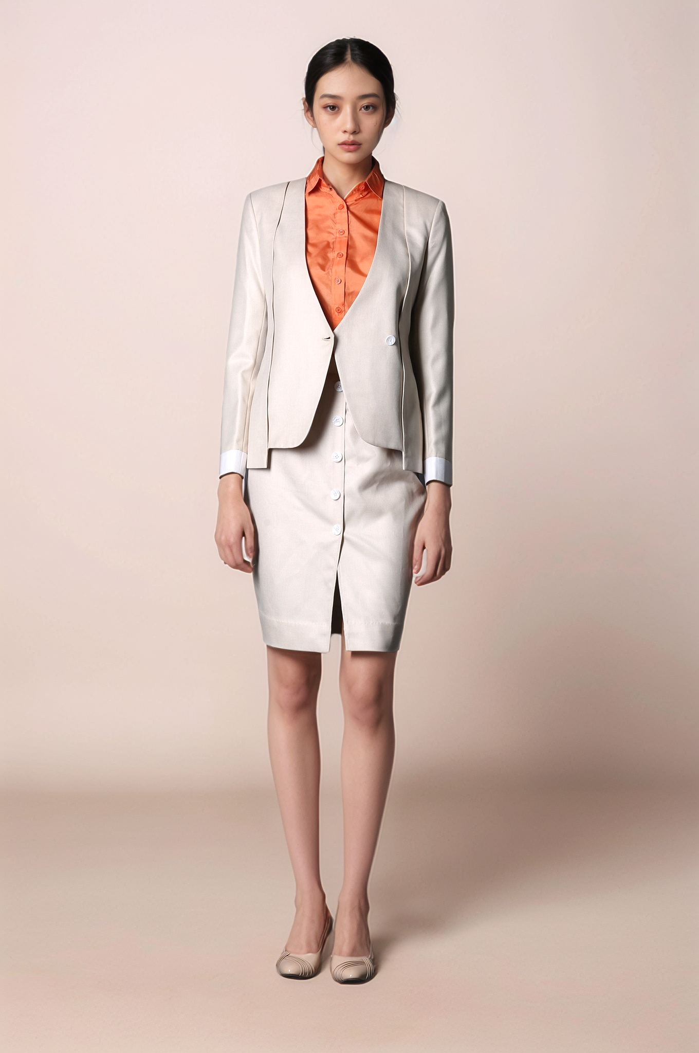 Beige V-Neck Layered Coat