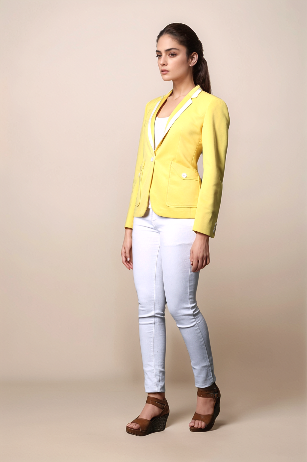Yellow Casual Blazer & Off White Slim Fit Trouser Suit