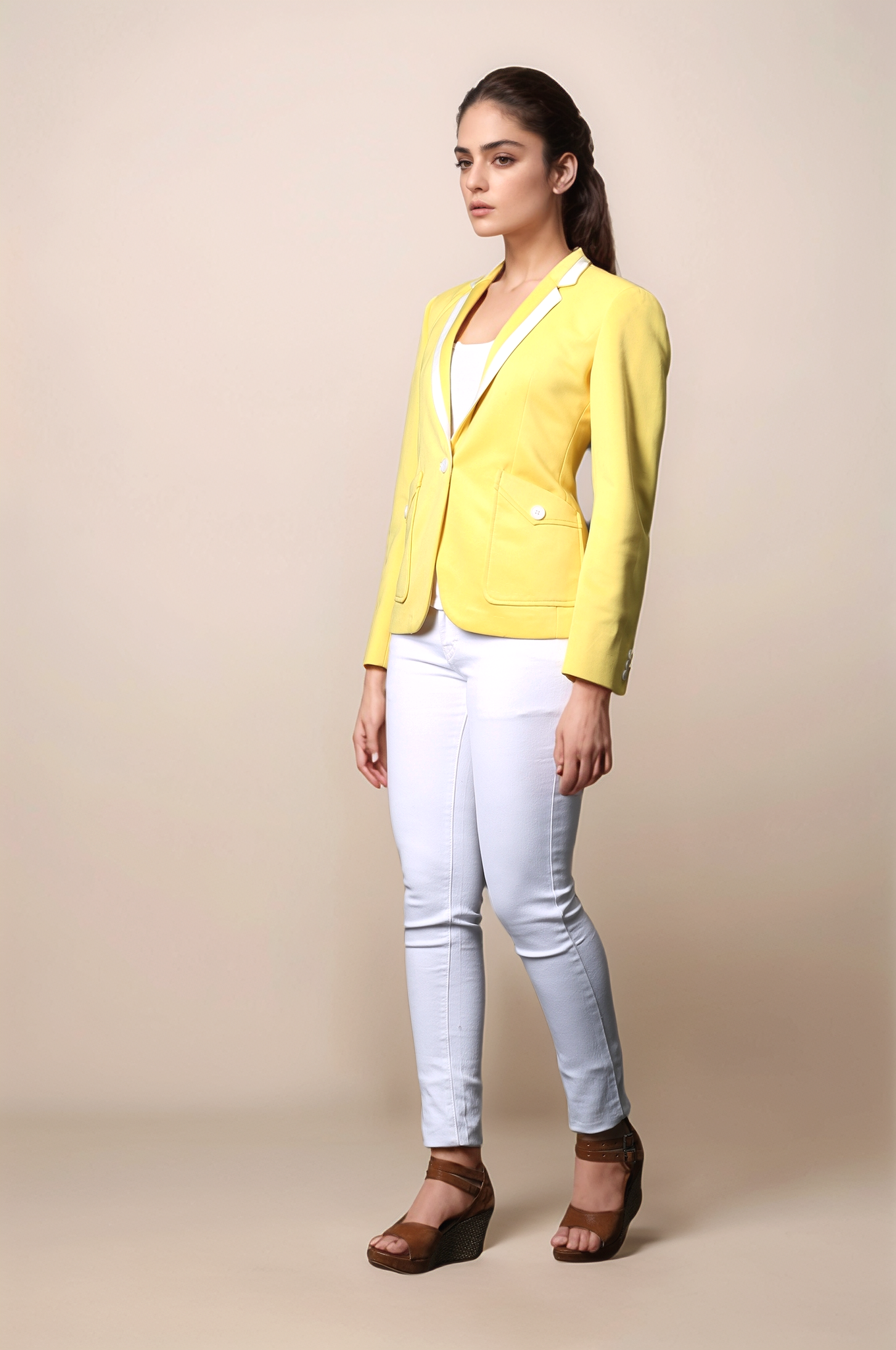 Yellow Casual Blazer & Off White Slim Fit Trouser Suit