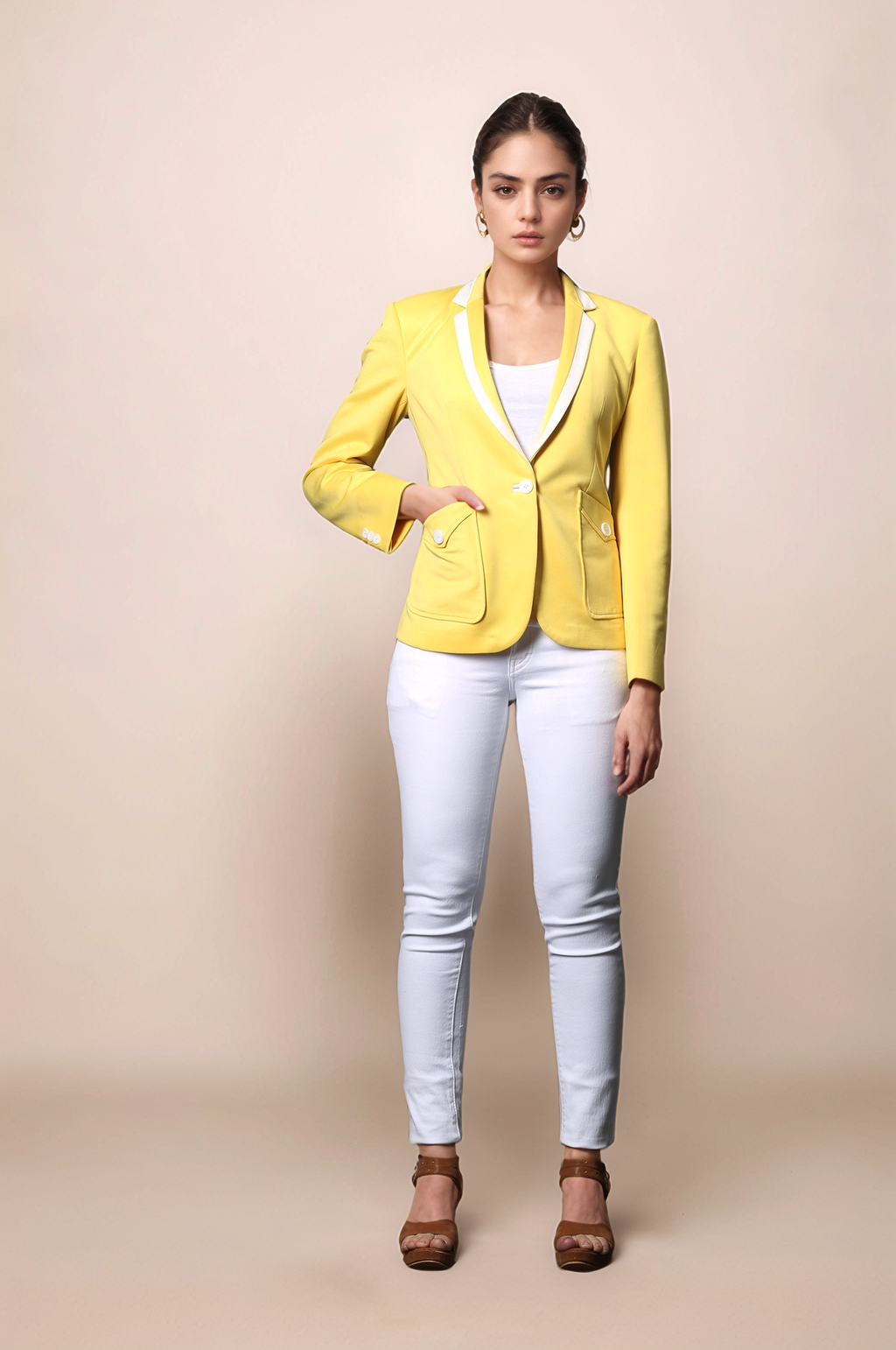Yellow Casual Blazer & Off White Slim Fit Trouser Suit