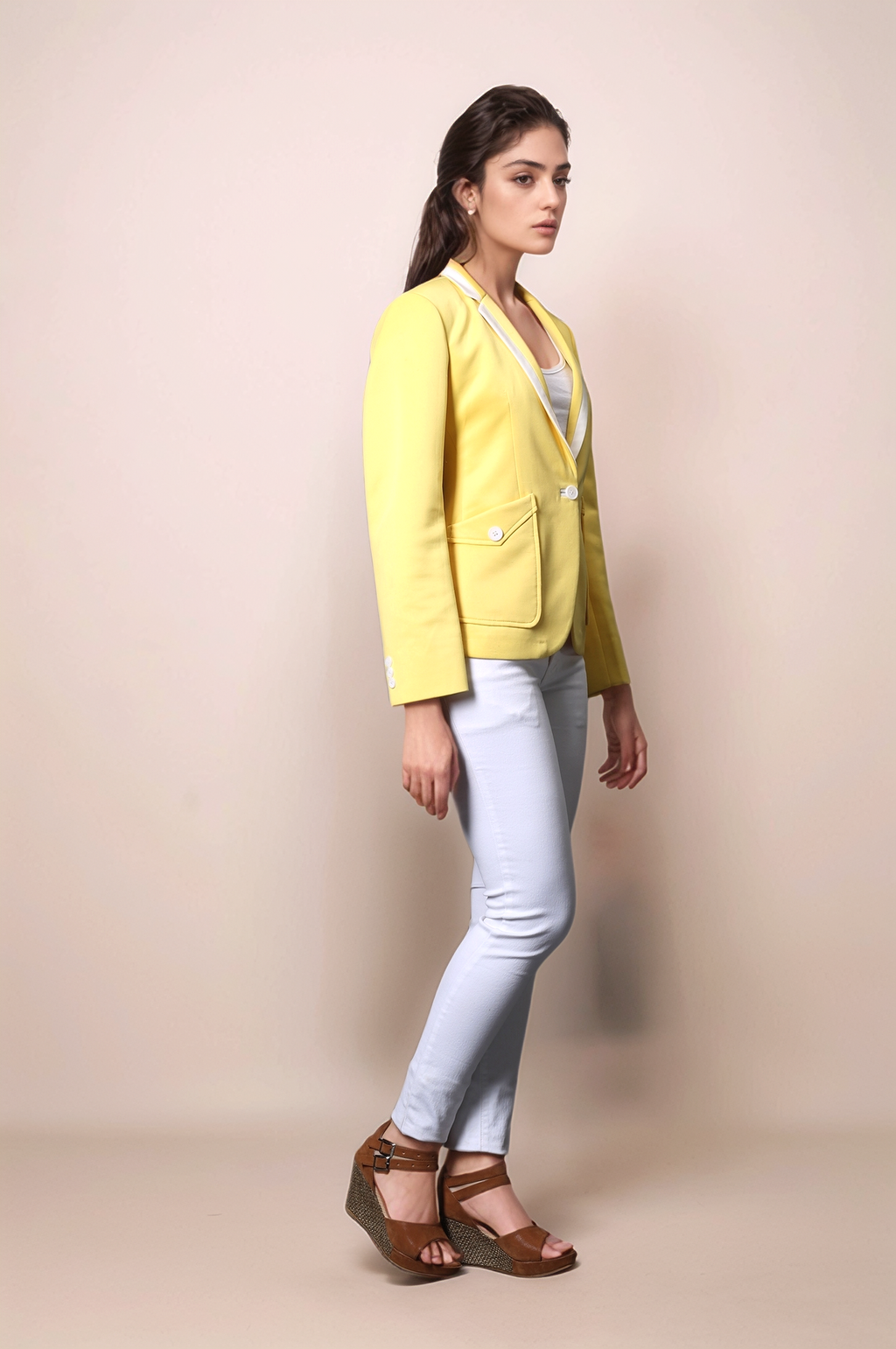 Yellow Casual Blazer & Off White Slim Fit Trouser Suit