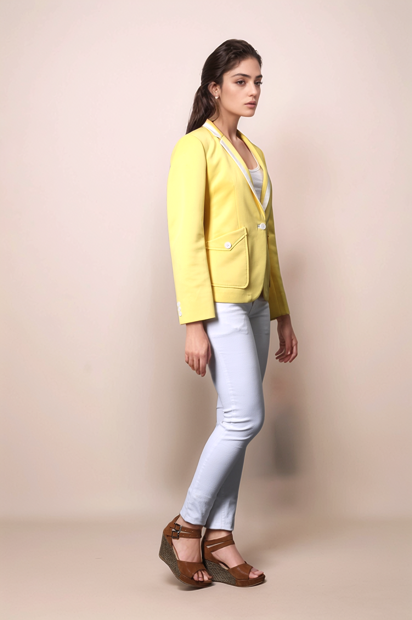 Yellow Casual Blazer & Off White Slim Fit Trouser Suit