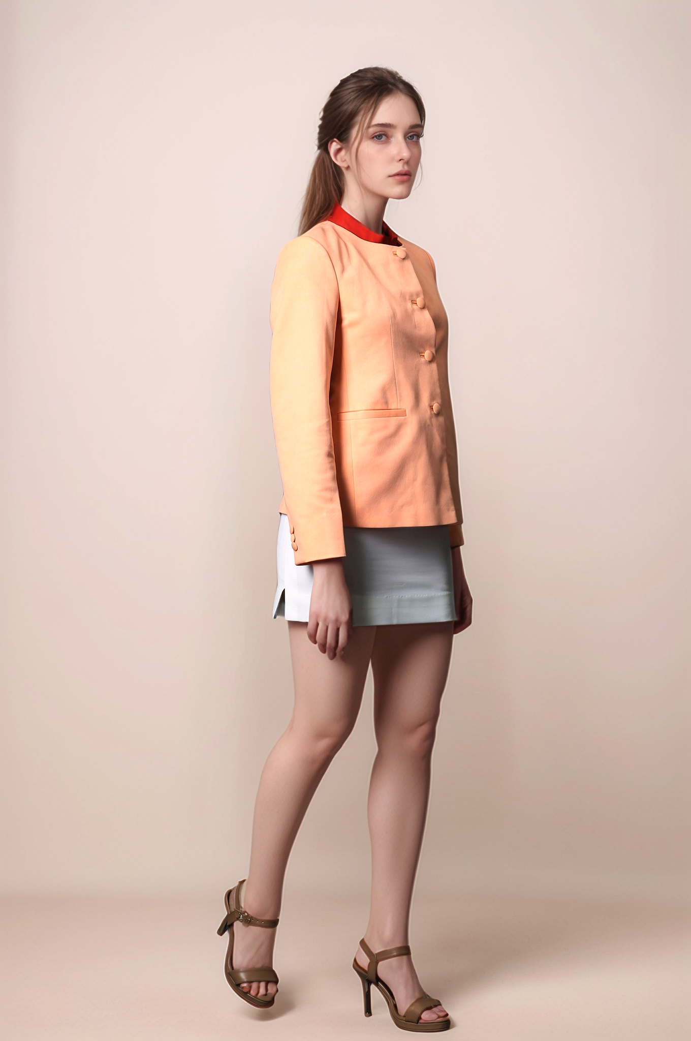 Peach Round Neck Blazer & Ivory Short Skirt Suit