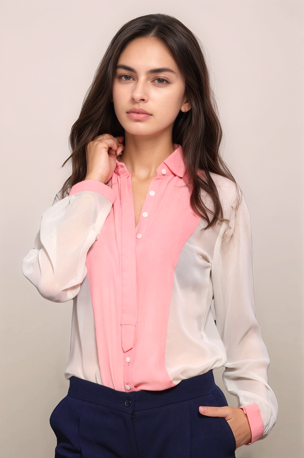 Off White-Pink Yoked Georgette Shirt