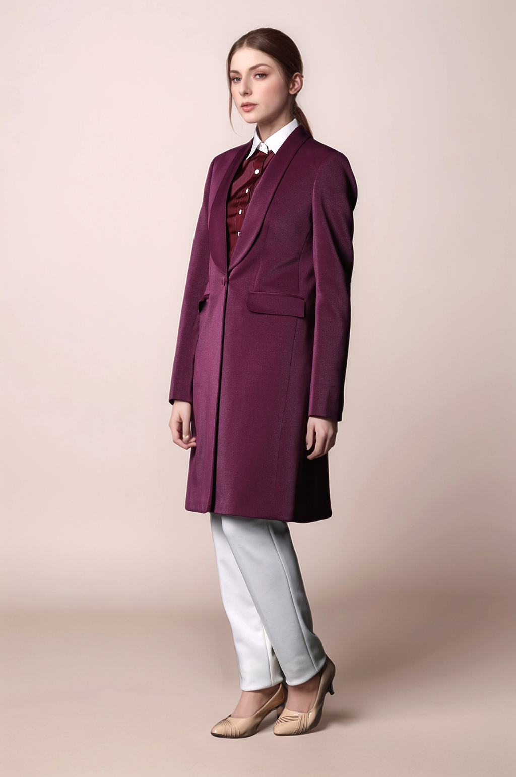 Wine Shawl Collar Trench Coat