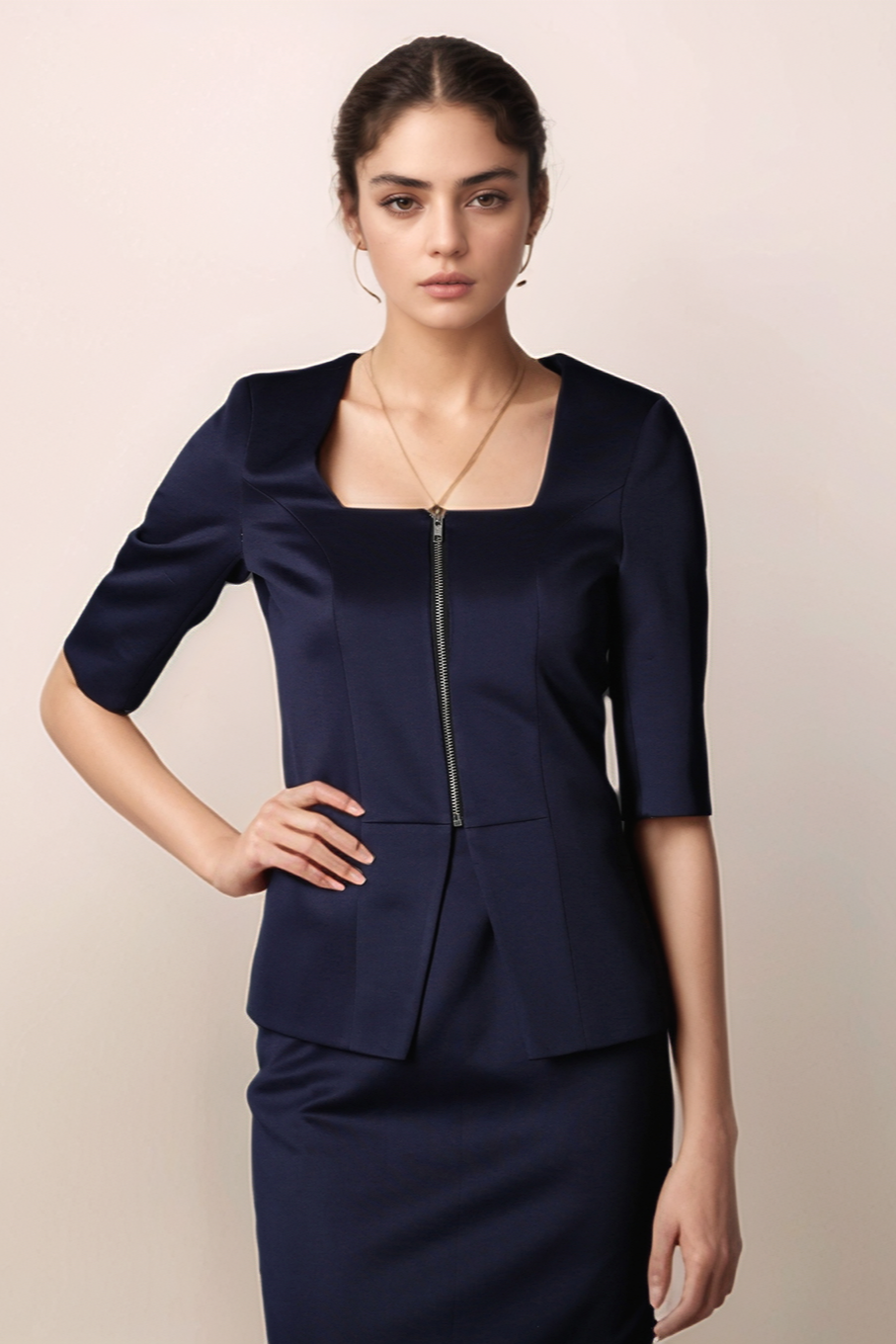 Blue Font Open Blazer & Navy Blue Formal Skirt