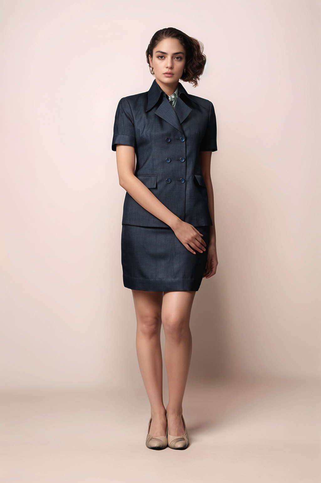 Dark Grey Double Breasted Coat & Dark Grey Short Skirt Suit