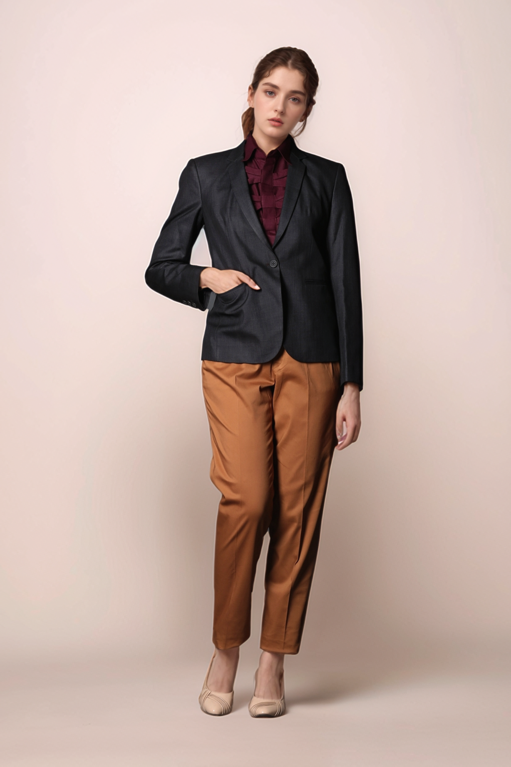 Black Single Breasted Coat & Tan Orange Pleated Trouser Suit