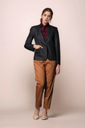 Black Single Breasted Coat & Tan Orange Pleated Trouser Suit