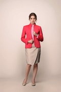 Red High Neck Coat & Beige Overlapped Skirt Suit