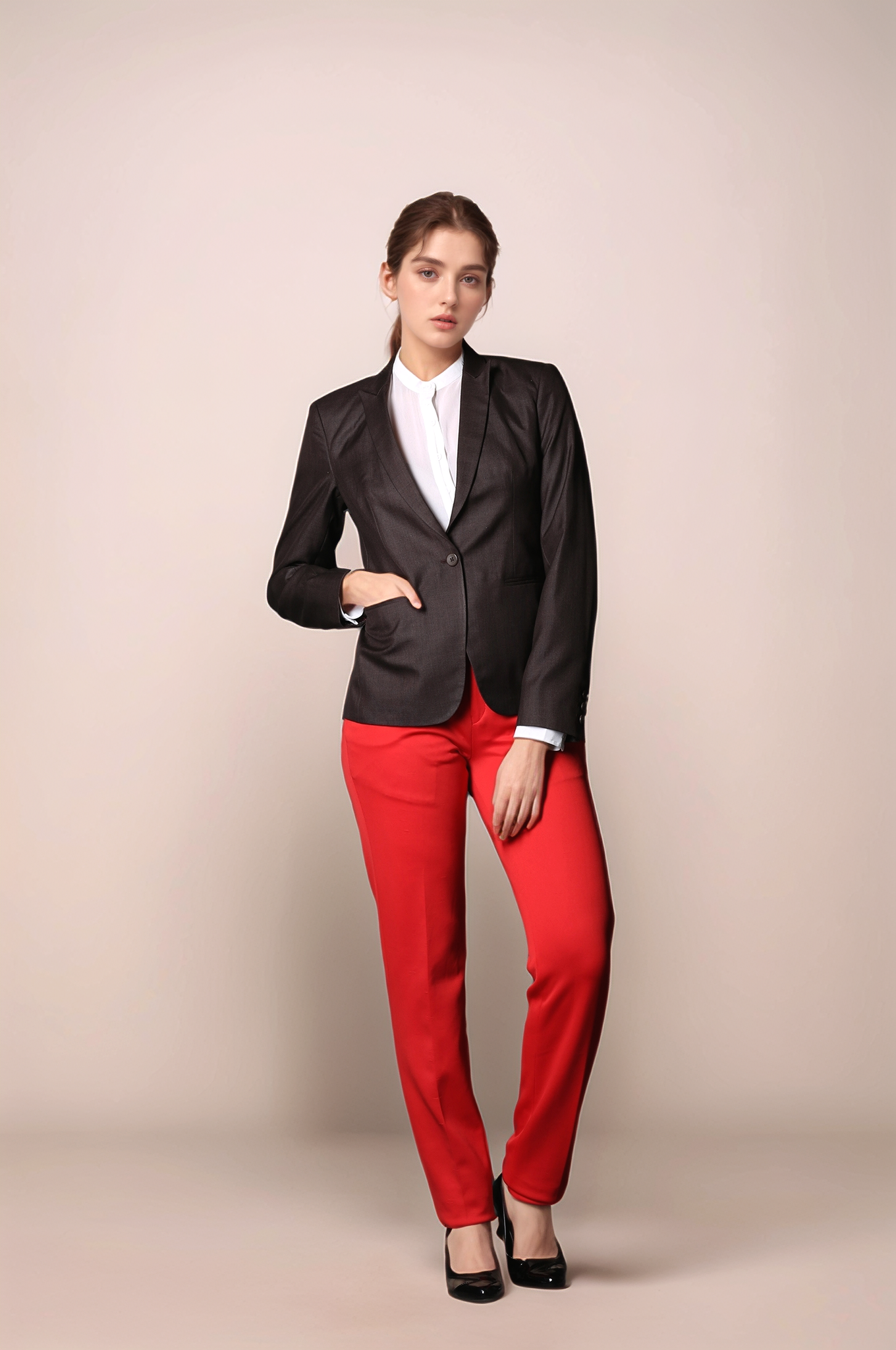 Brown Single Breasted Coat & Red Formal Trouser Suit