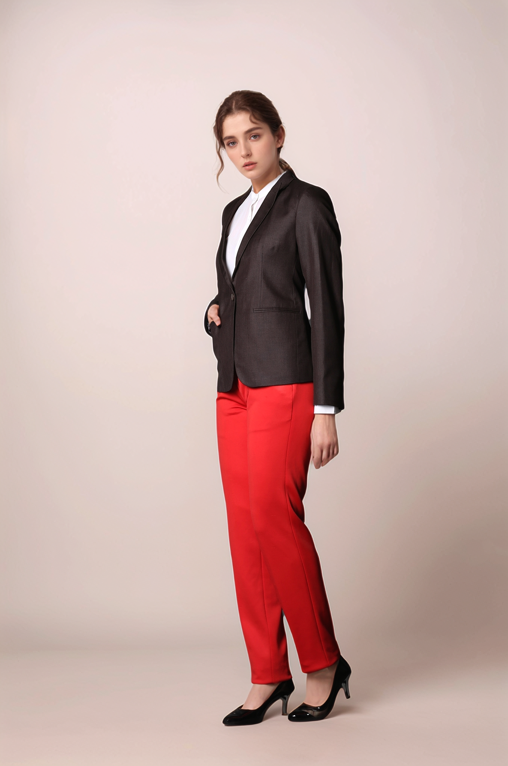 Brown Single Breasted Coat & Red Formal Trouser Suit