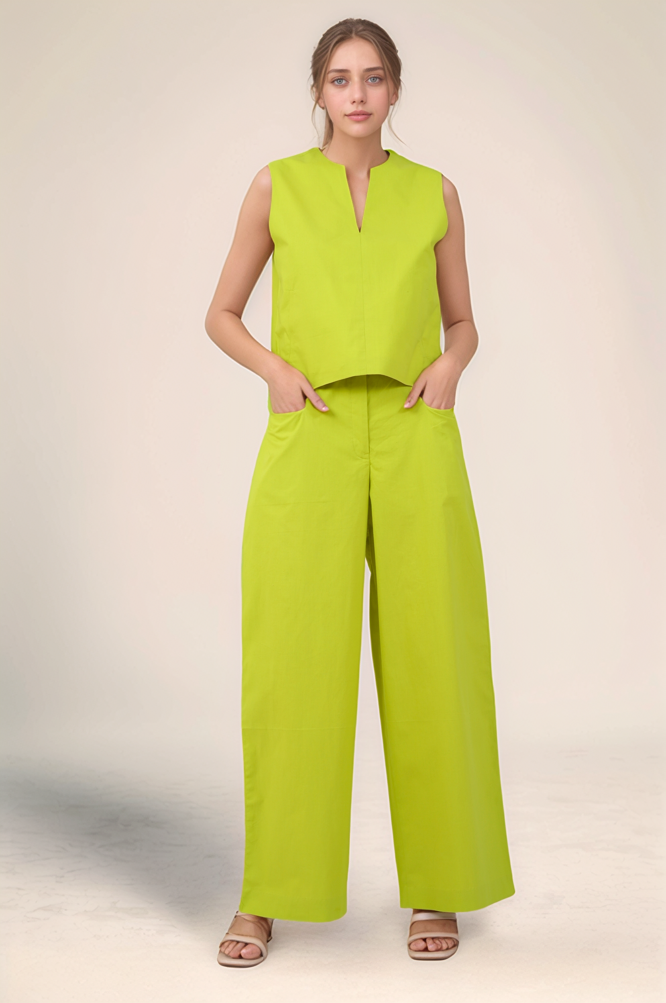 Lime Green Notch Neckline Cotton Jacket Co-ord Suit