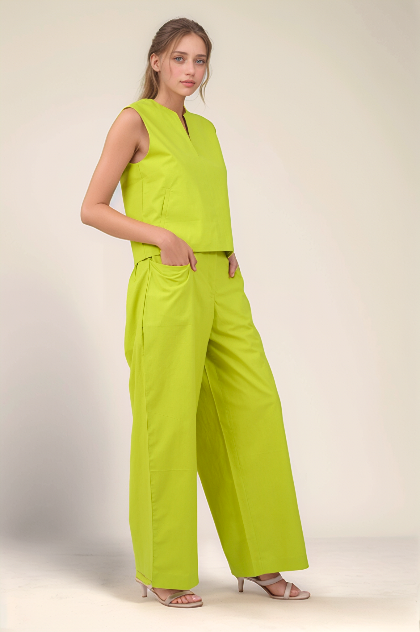 Lime Green Notch Neckline Cotton Jacket Co-ord Suit
